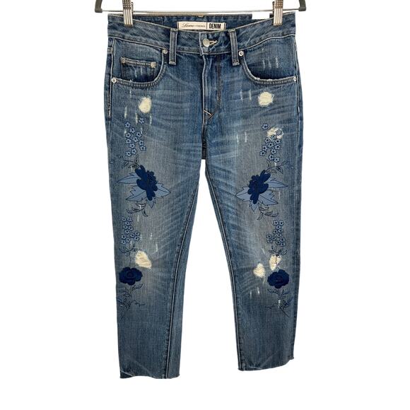 Lovers + Friends Blue Cotton Denim Ditzy Floral Embroidered Distressed Jeans 24 - Picture 1 of 7